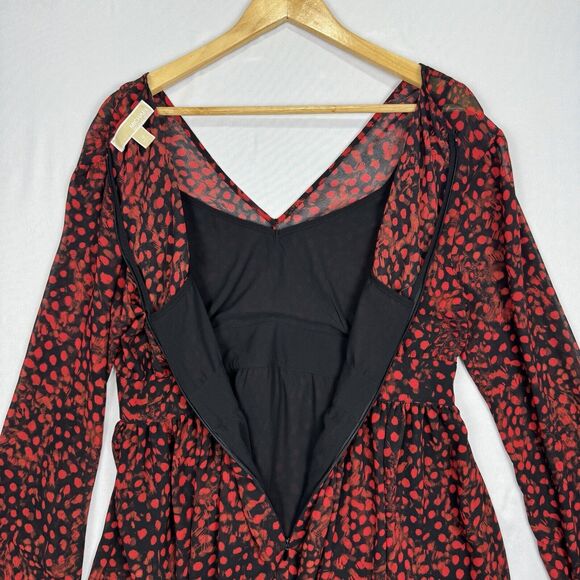 Michael Kors Chiffon Dress Black Red Size 12 Sheer Long Sleeve Lined Camisole - Picture 9 of 16